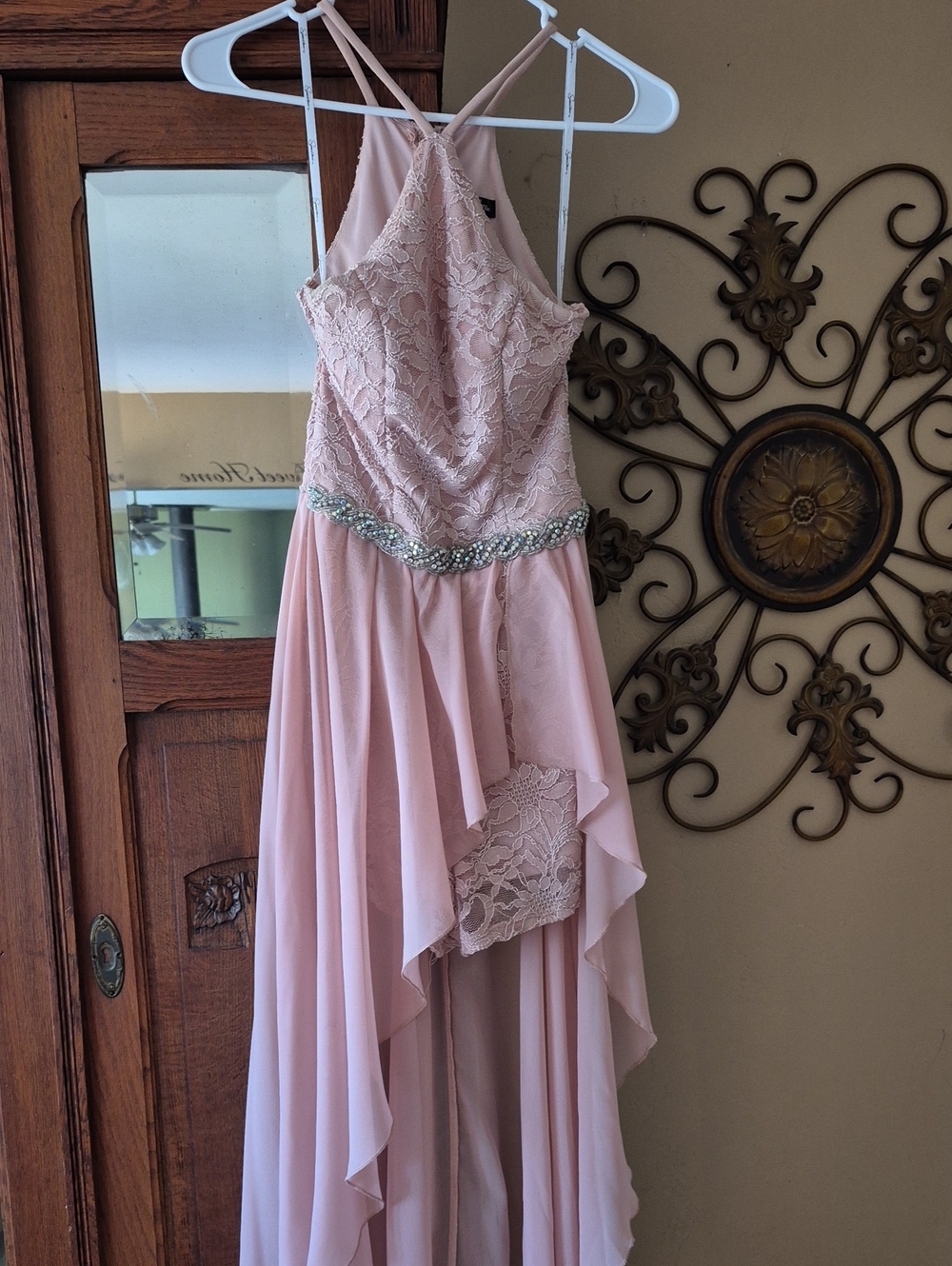 Speechless Blush Pink Lace High-Low Formal Dress with Beaded Waist